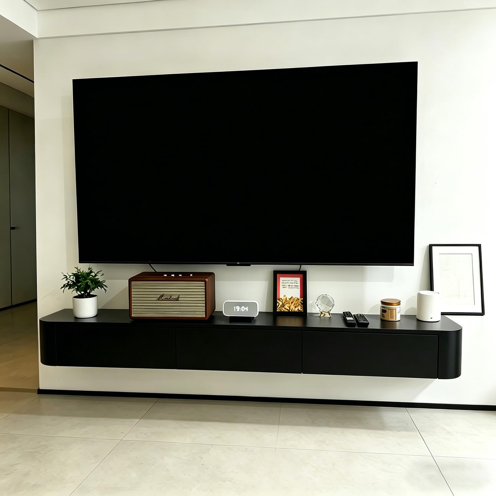 Nowoczesna szafka pod telewizor 160CM w kolorze czarnym, szafka niska z 2 szufladami i 1 klapką, stolik pod telewizor z zarządzaniem kablami, stół TV do salonu i jadalni