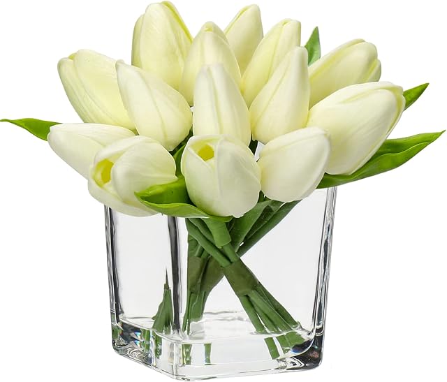 14pcs Artificial Flower in Vase Real Touch Fake Tulips Flower in Cube Glass Vase with Faux Water White Faux Tulip Bouquet Arrangement for Home Office Wedding Table Centerpiece Decoration