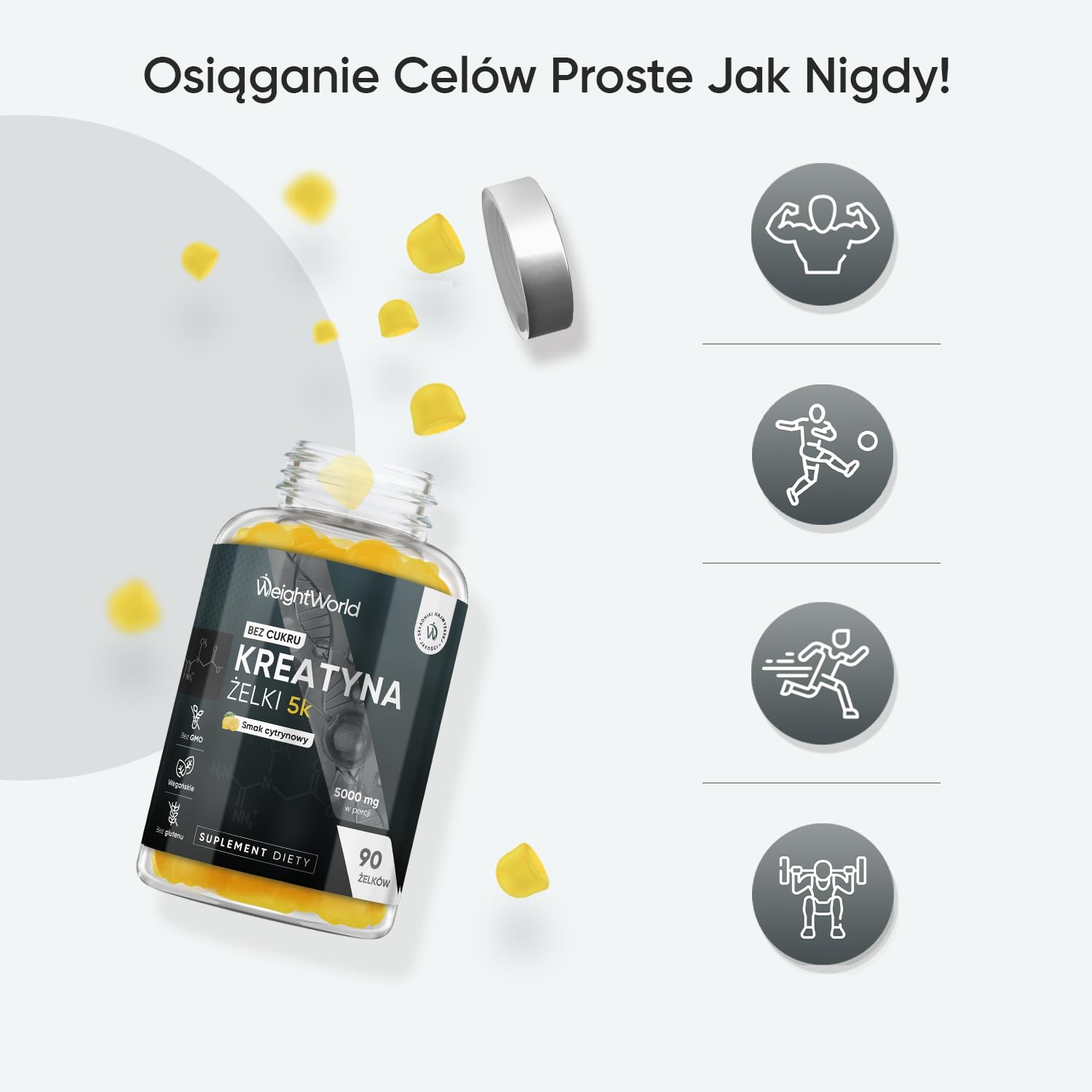Żelki z monohydratem kreatyny 3000 mg – cytrynowe żelki przedtreningowe z monohydratem kreatyny bez cukru i glutenu, odpowiednie dla wegan – suplement na siłownię, bez GMO | 90 żelków bez cukru, pyszne żelki kreatynowe o smaku cytrynowym, bez inżynierii g