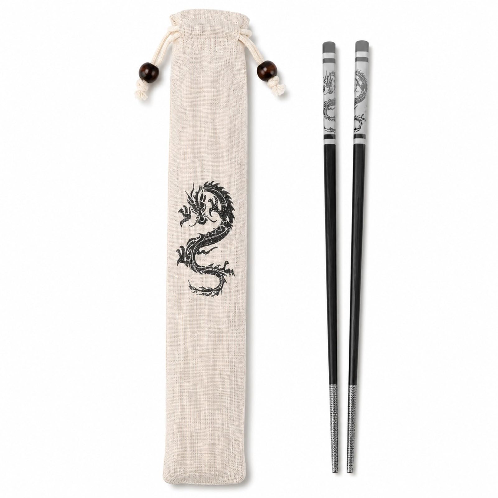 LOGOFUN Palillos de dragón de acero inoxidable de estilo chino, palillos de metal antideslizantes con bolsillo con cordón para suministros de cocina del hogar, color negro, 23,5 cm