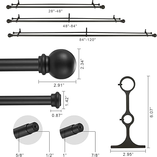 Miniatura 3 de Barra de cortina doble de 48 a 84 pulgadas, barras de cortina dobles ajustables de 1 pulgada para ventanas y puertas con remates redondos de bola y