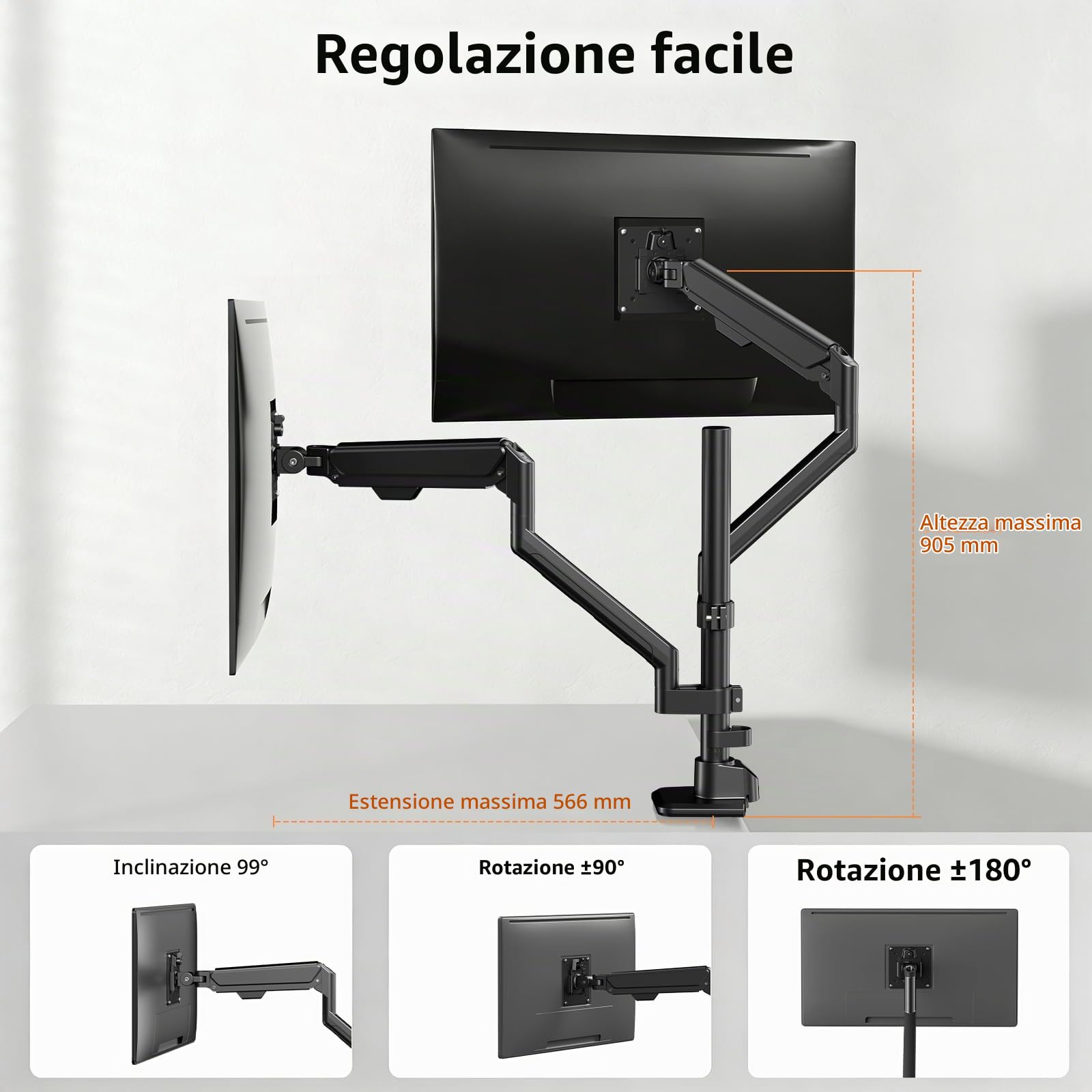 Braccio Monitor Doppio per Scrivania, Supporto per Schermi da 17 a 40 Pollici, Regolabile in Altezza e Orientabile, Carico 12kg per Braccio, VESA 75x75/100x100 | Design ergonomico, allineamento preciso, stabile & robusto, risparmio spazio, 12 kg per bracc