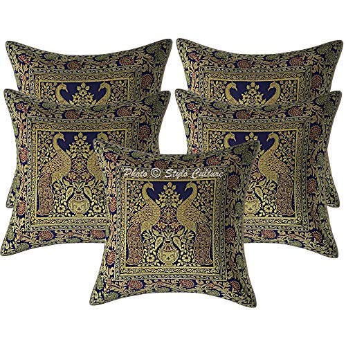Stylo Culture Ethnicas Forros De Cojines Decorativa 40x40 cm Brocado De Seda Pavo Real Fundas Almohadones Sofa Azul Marino Jacquard Cuadrado Cremallera Fundas Almohadones para Sillas - 5 Pcs