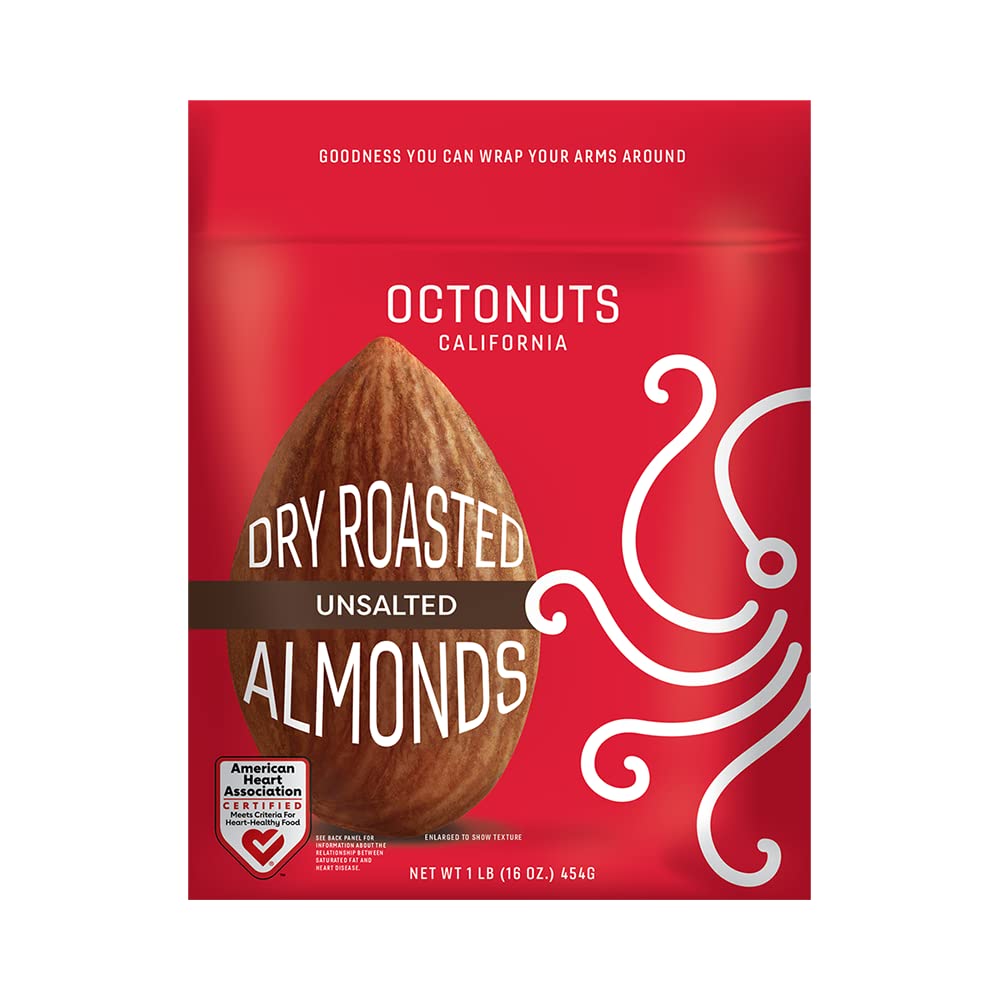 Octonuts Dry Roasted California Almonds 16 Ounce - American Heart Association Certified for Heart-Healthy Food, Gluten Free, Paleo Vegan, Kosher, Keto, Non-GMO, Dry Roasted Unsalted Almonds