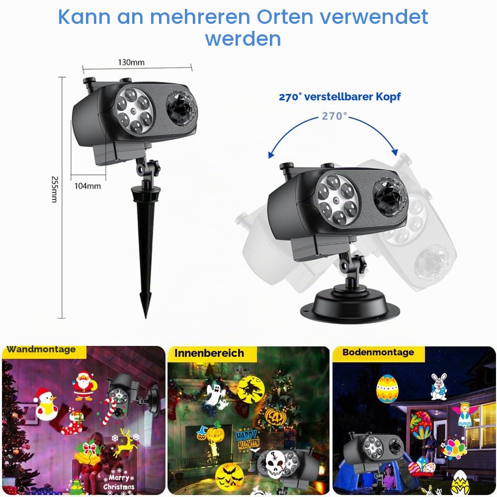 OBEST LED Projektor Weihnachten, 2-in-1 Außen&Innen Wasserdichte Halloween Projektor, Schneeflocken Projektionslampe mit 10 Folien 80 Muster 10 Welleneffekt für Weihnacht Allerheiligen Party Fest