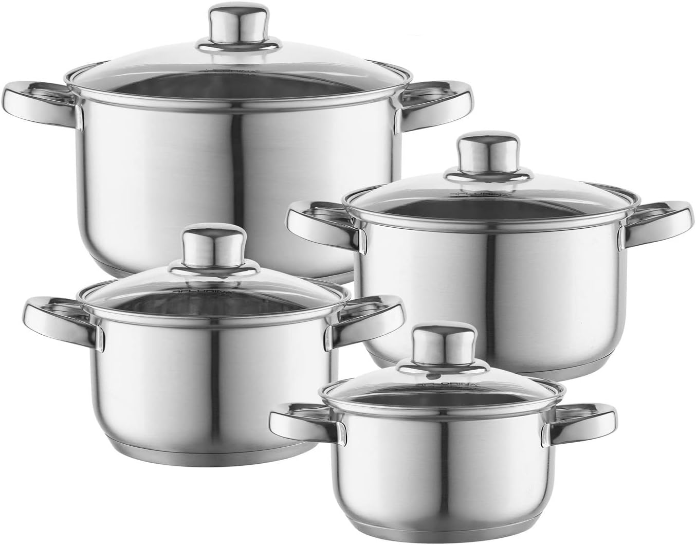 FLORINA Polpo 8-Piece Stainless Steel Cooking Pot Set, 1.25L-4.5L with Glass Lids, Measuring Cup, Dishwasher Safe, Ideal for Induction, Gas, Electric Hobs
