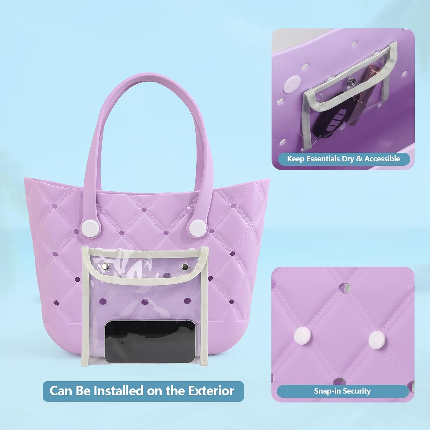 Medium EVA Beach Bag for Women, Waterproof Rubber Tote with 2 Pouches, Pool Bag for Beach, Boat, Gym & Travel
