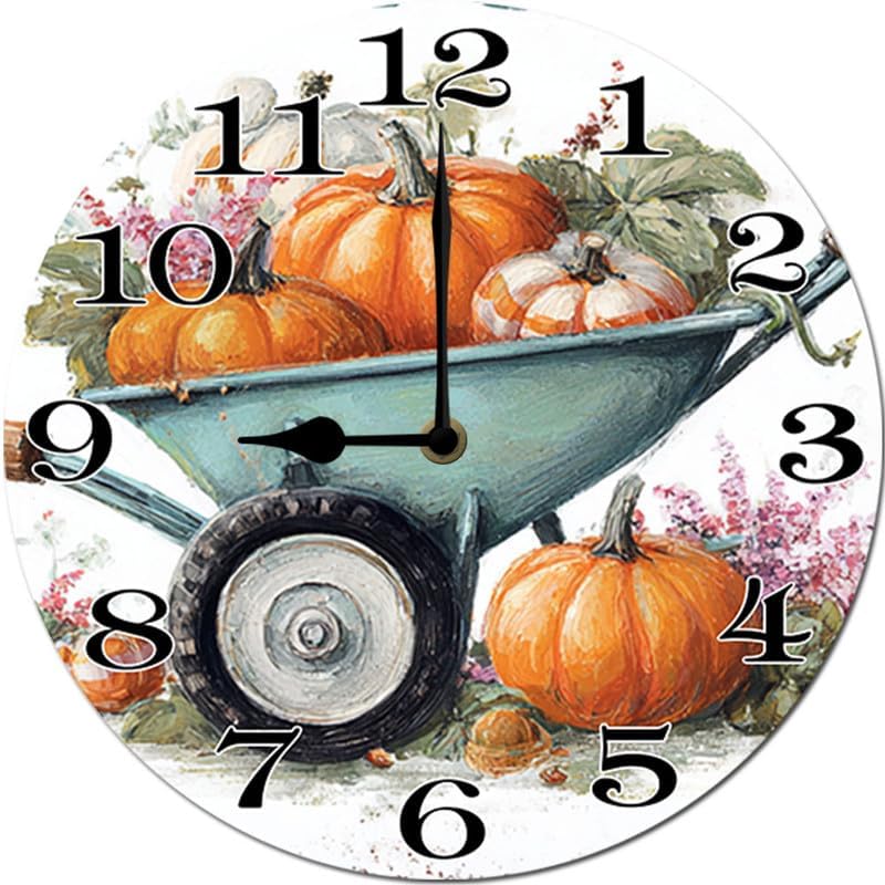 Miniatura 8 de Reloj colgante de madera con parche de calabaza, reloj de pared redondo de madera, silencioso, sin tictac, funciona con pilas, números arábigos,