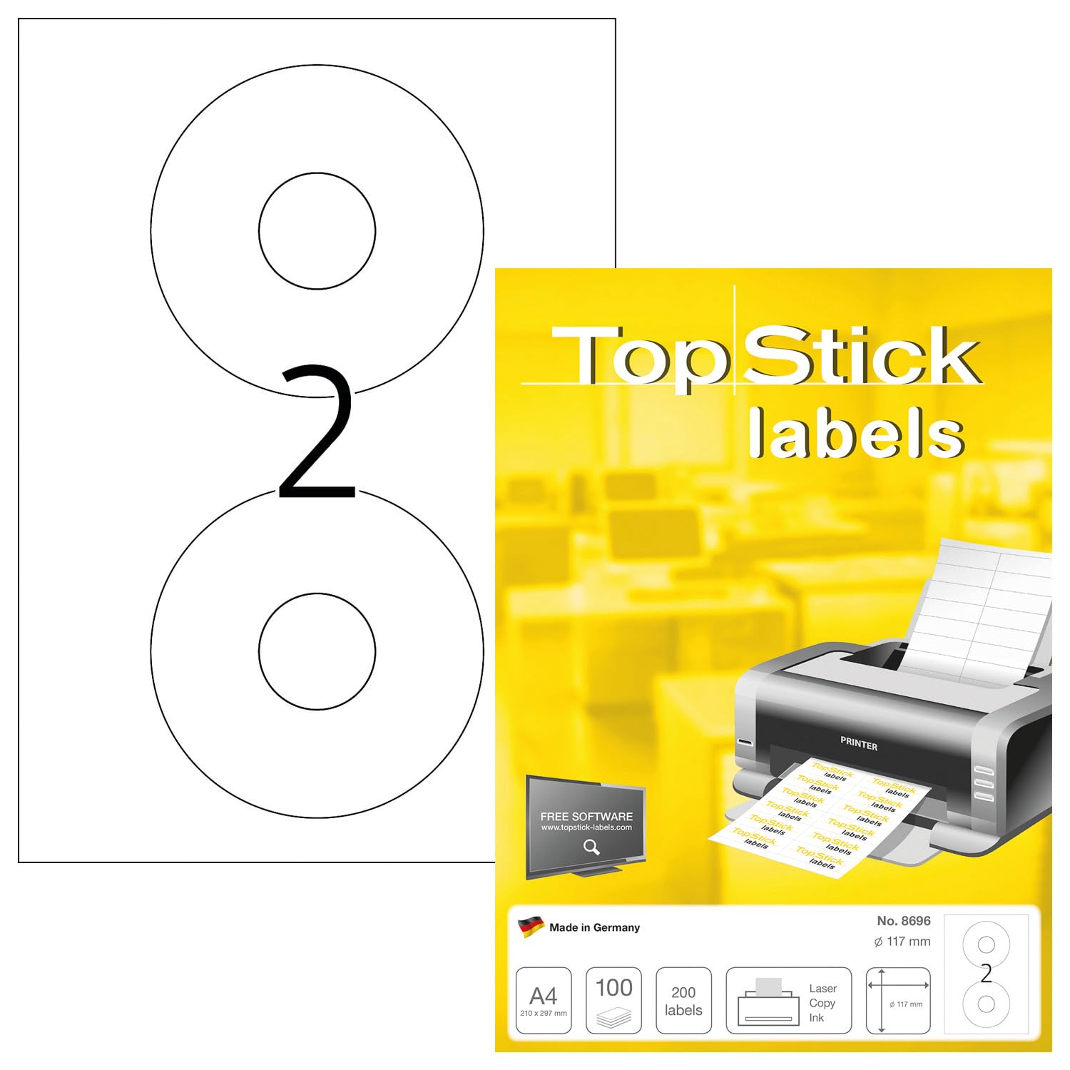 TOP STICK 160 étiquettes CD/DVD, diamètre: 117 mm, blanc pour jet d'encre, A4