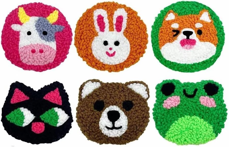 Punch Needle Coaster Kit 6 Patterns Animal Tufted Rug Pads, DIY Needle Punch Coaster Kit for Adults Beginners with Adhesive Felt Yarns Embroidery Hoop Tools Instruction