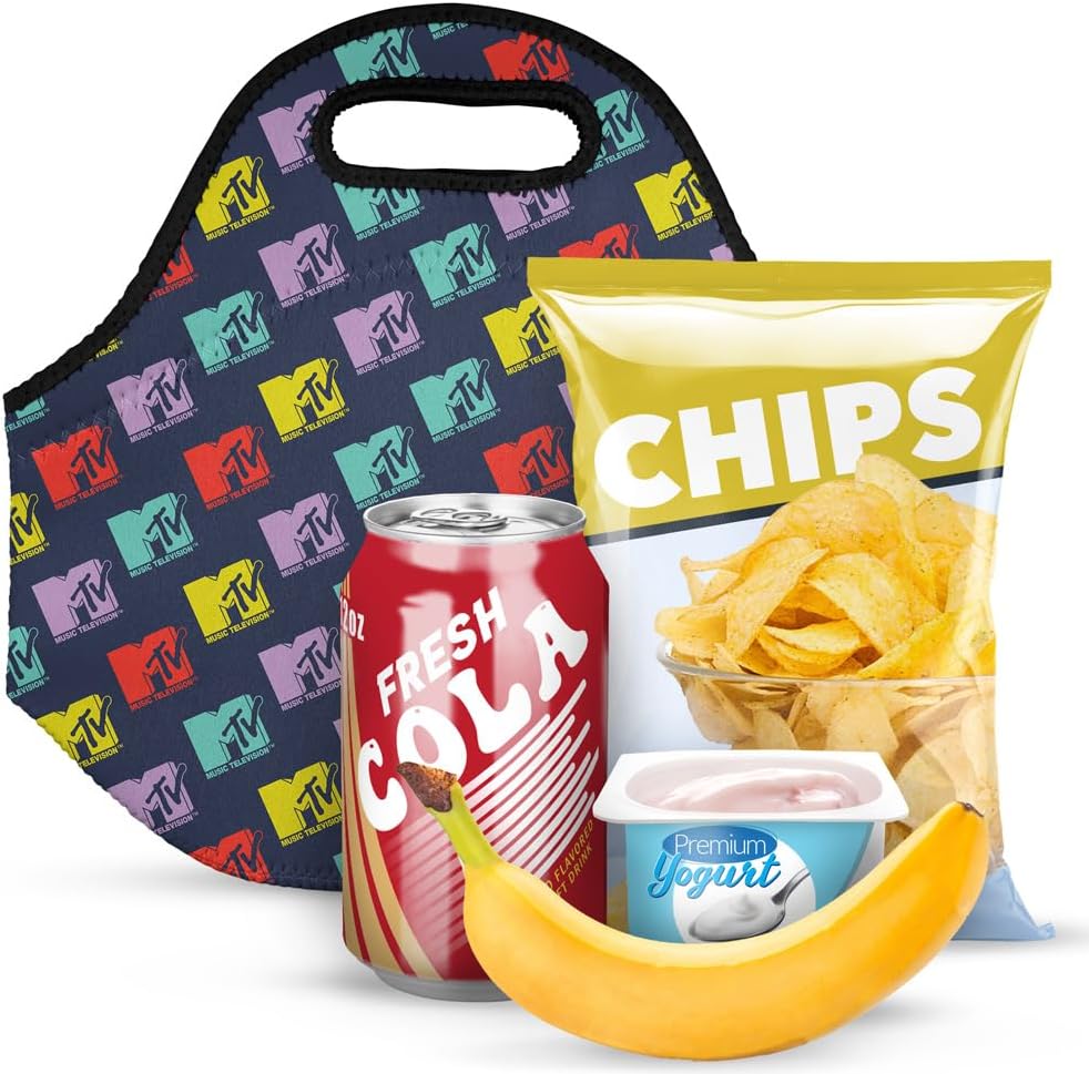 Popfunk MTV Repeat Pattern Soft Neoprene Lunch Bag, Lightweight, Insulated, Reusable for School, Work, Office