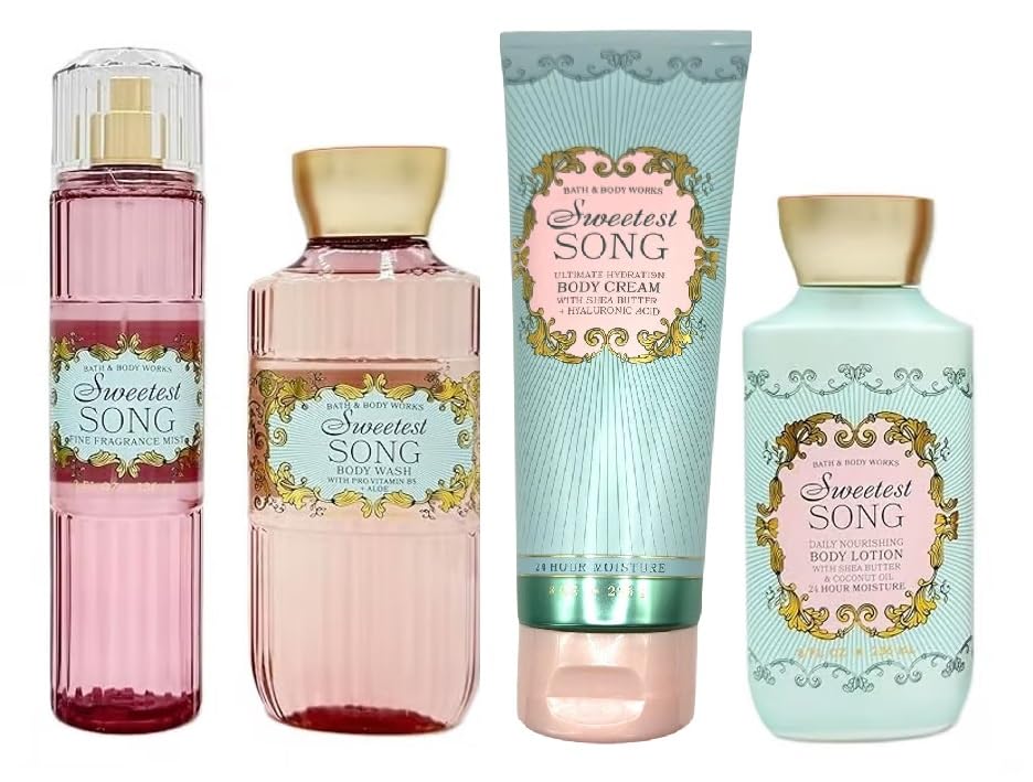 Bath and Body Works Sweetest Song 4 Piece Body Care Set - Mist, Body Cream, Lotion, and Body Wash - Full Size