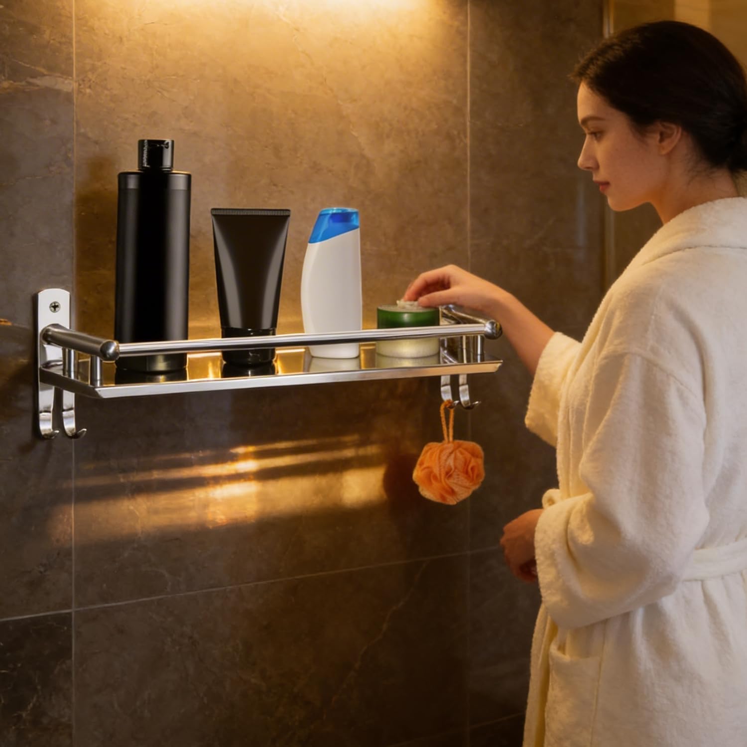 Well Set Bathroom Shelf Single Layer Bottle Holder Shampoo Stand Multi Purposes Stainless Steel Wall Shelf (Small)-image-21