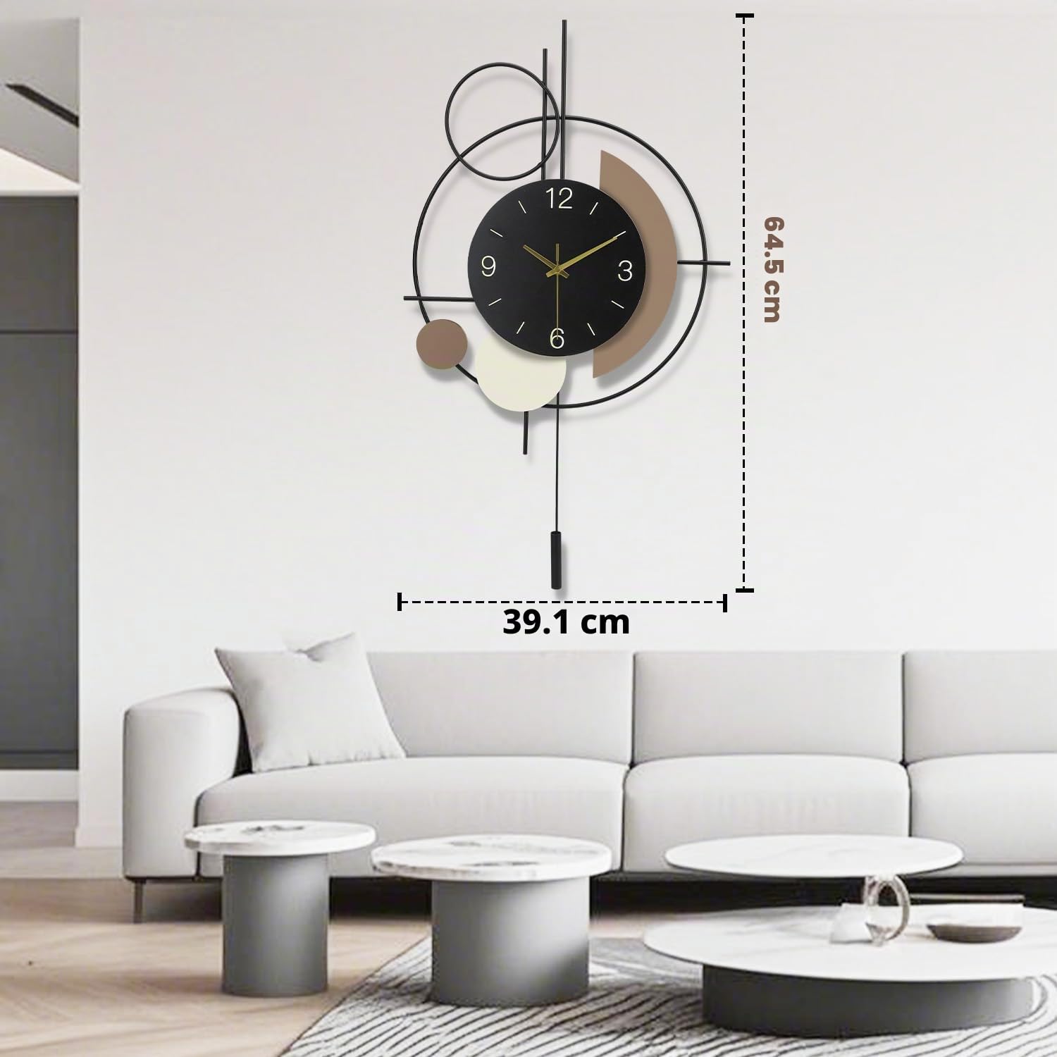 Reloj de pared con péndulo, cuarzo de calidad silenciosa, funciona con pilas, reloj de pared grande para sala de estar, cocina, hogar, baño, dormitorio, decoración de pared, 39 x 67 cm (negro)