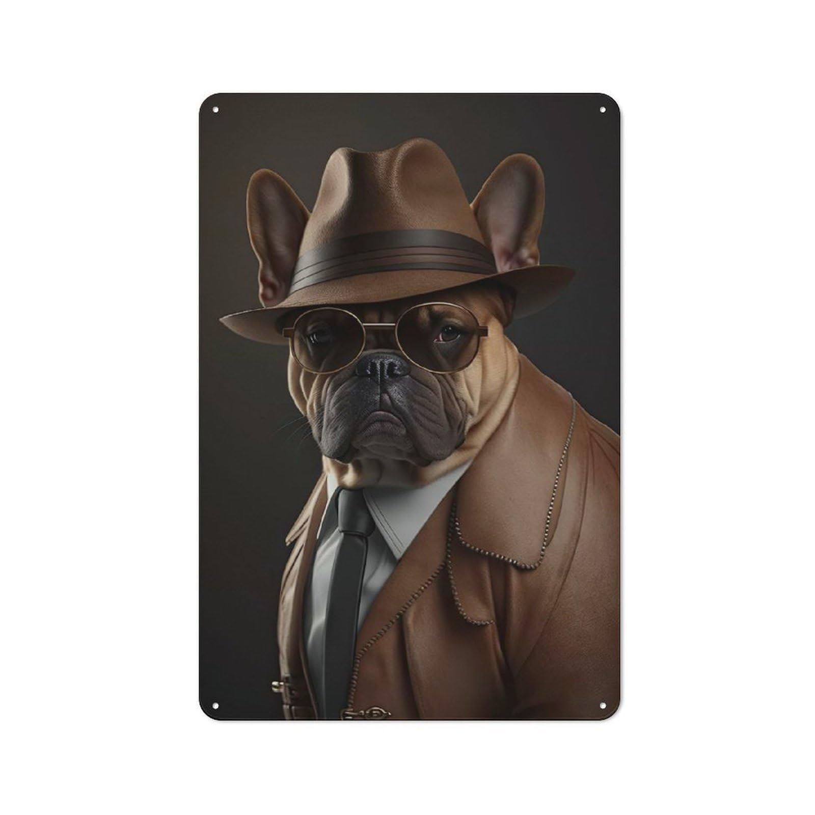 Junmoney Style-19 Understated Decorative Metal Sign 30X20cm Featuring French Bulldog Mafia Boss, Study Room Decor For Workspace, Cafe, Shop Or Desk Area