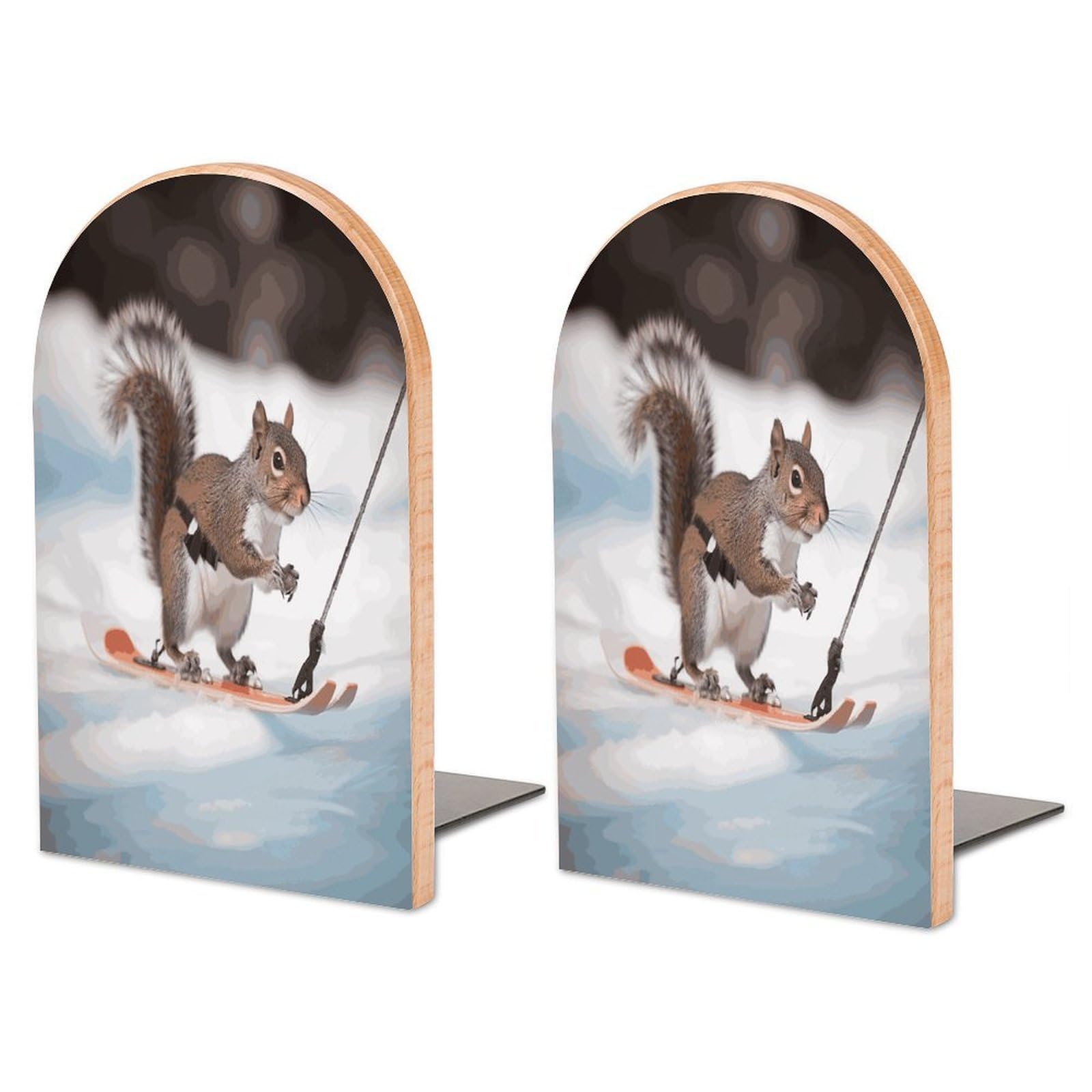 Large Skiing Squirrel Book End with Metal Base Fashion Heavy Duty Bookend Exquisite Wooden Bookends Non-Skid Book Stopper for Shelves Books Organizer for Office Home 1 Pair