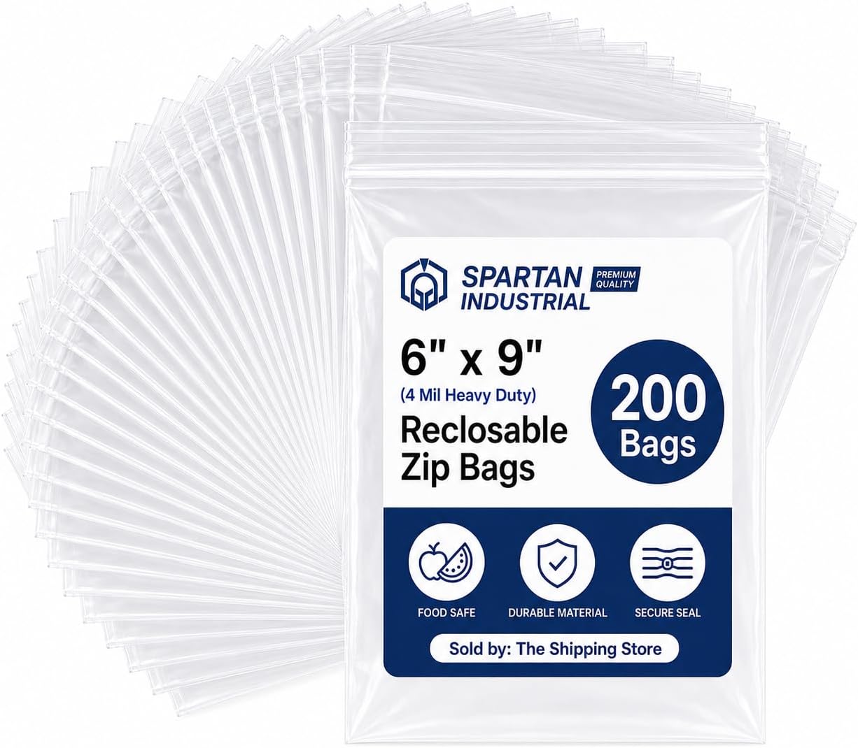 Spartan Industrial - 200 Count - 6” X 9” (4 Mil Heavy Duty) Thick Durable Clear Plastic Reclosable Zip Poly Bags with Resealable Lock Seal Zipper