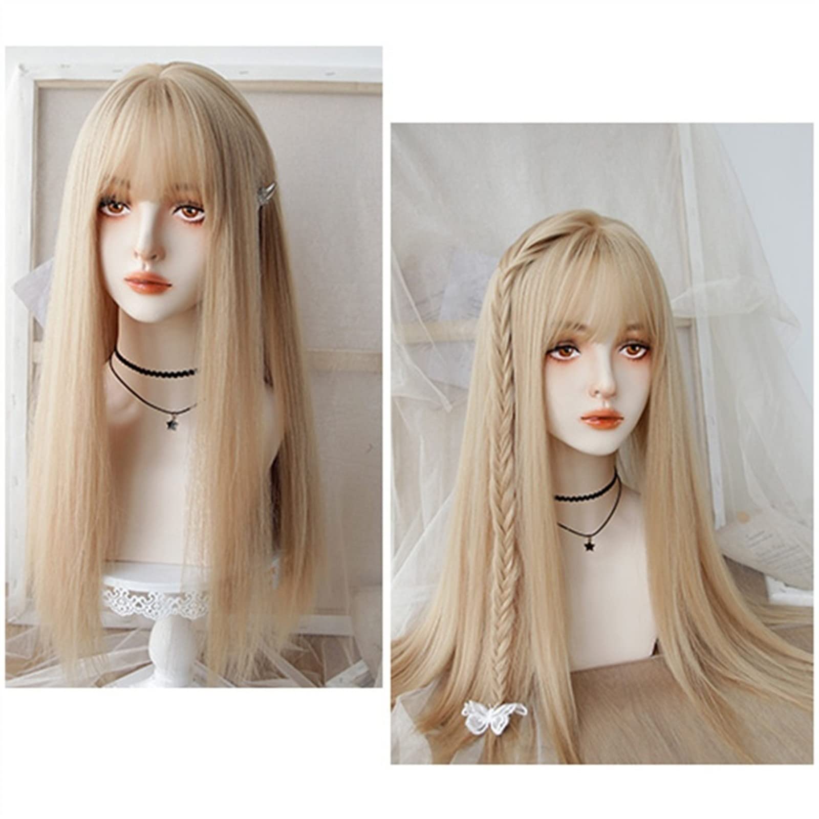 Peruki z koronką falową Blond peruka z grzywką dla kobiet dziewczyna 24 "długie proste blond peruka naturalna żaroodporna peruka syntetyczna na cosplay i do codziennego użytku Peruki z naturalnych wło
