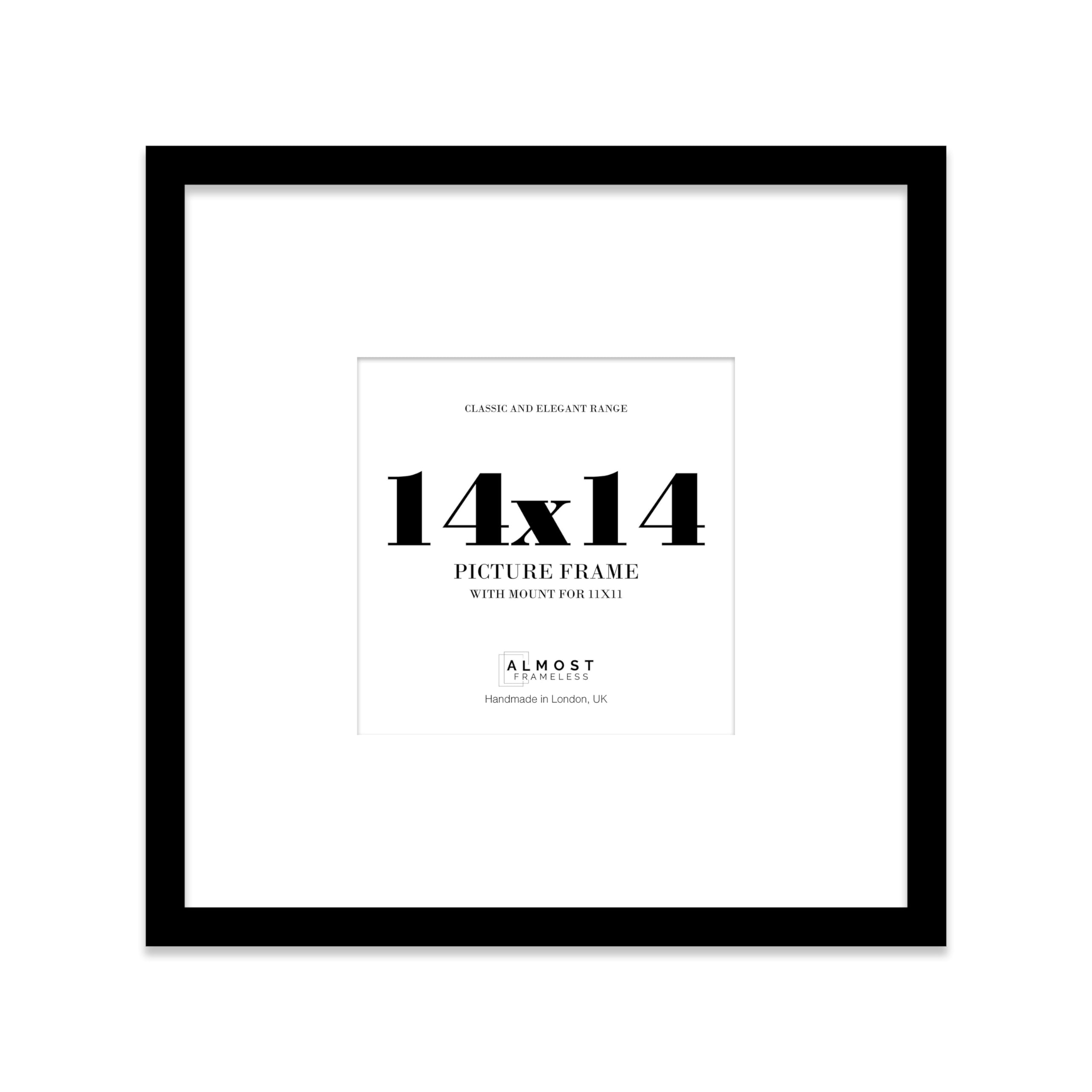 Almost Frameless 14x14 Square Picture Frame, Display Pictures 11x11 With Mat or 14x14 Without Mat, Wall Hanging & Free Standing Photo Frame, Black, 1 Pack