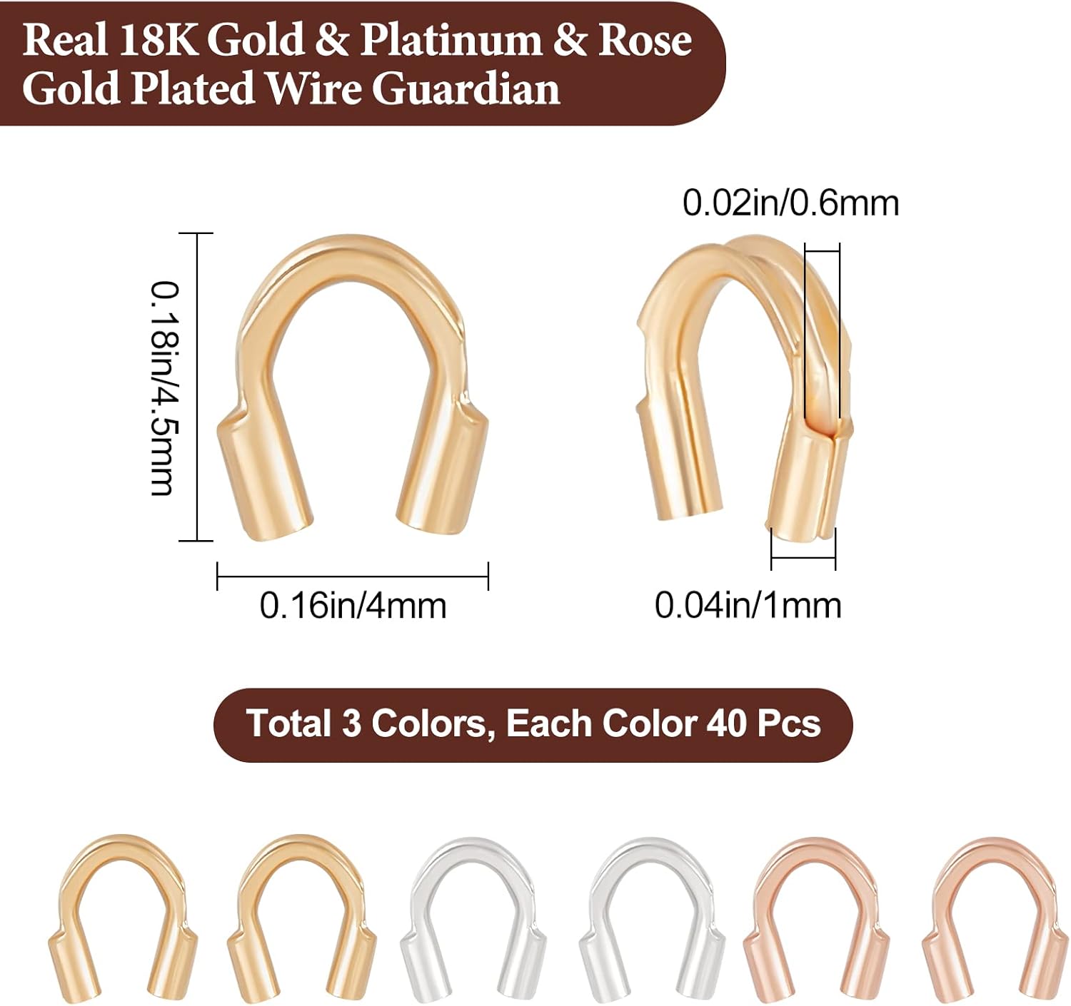 Beebeecraft 120Pcs 3 Colors Wire Guardian 18K Gold Plated U Shape Wire Guard Loops Thread Protector with 0.6mm 0.6mm for Jewelry Making Bracelet Necklaces - Image 2