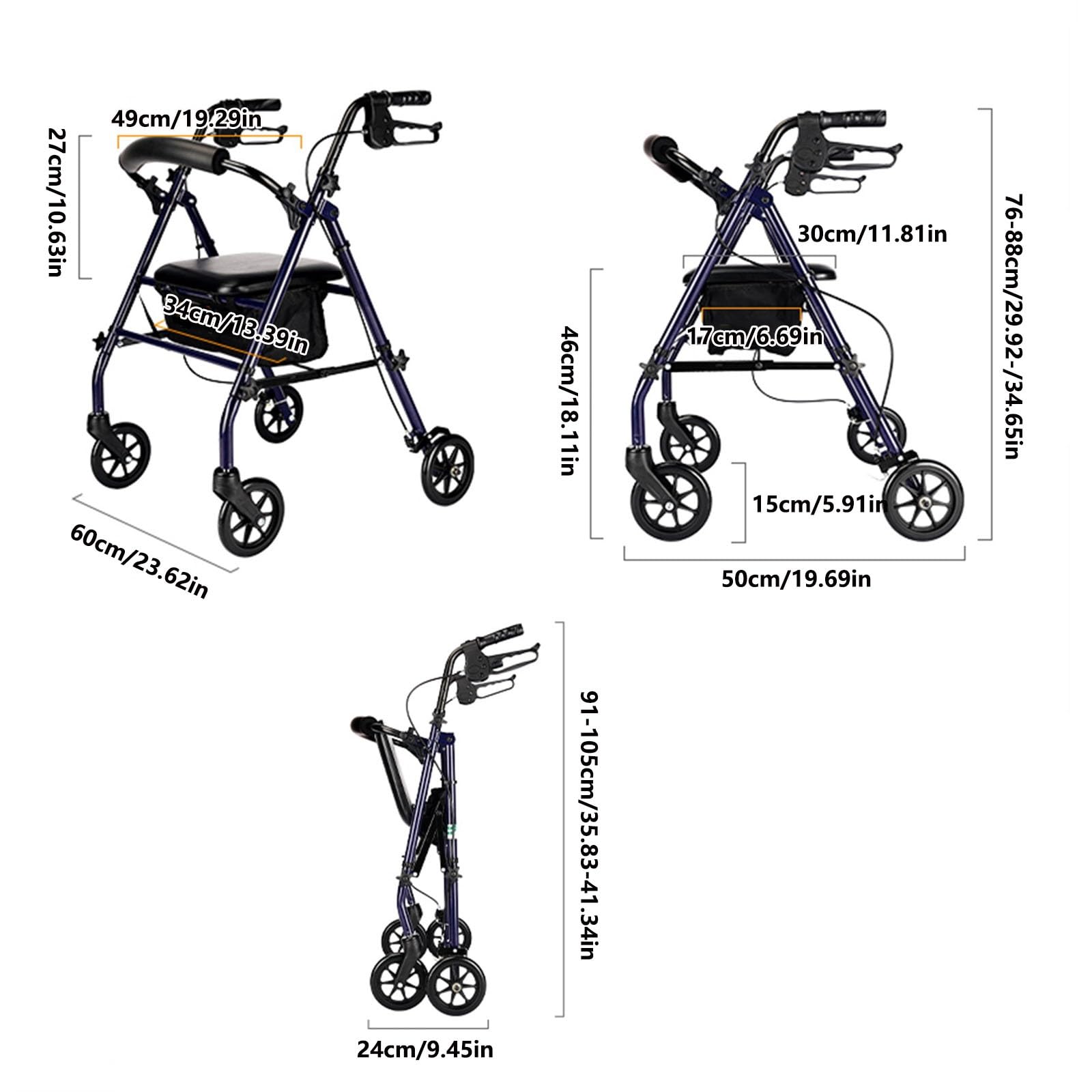 Andador para Ancianos Andador con Ruedas de 4 Ruedas con Asiento, Andador con Ruedas de Aluminio, Altura Ajustable, Ligero, Plegable, con Soporte for Cesta Andador Ligero