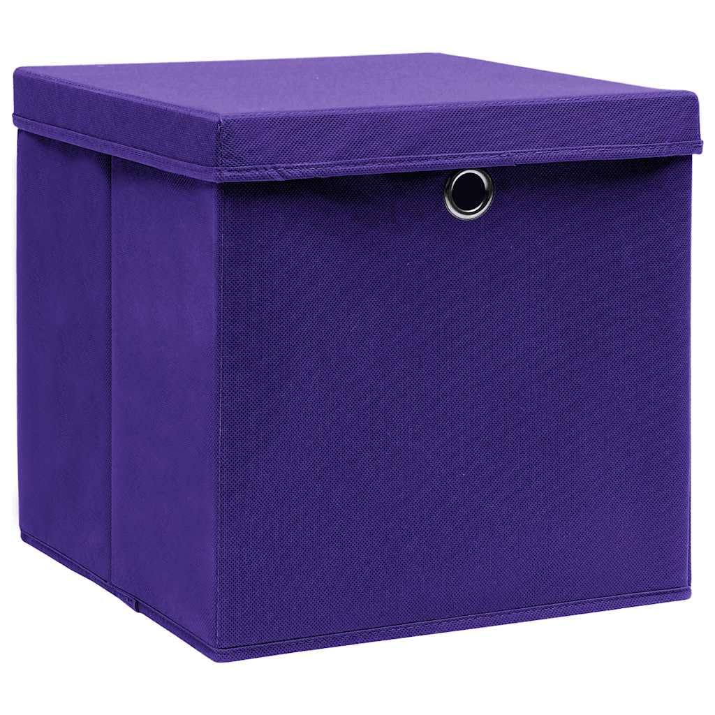 QZZCED Purple Folding Storage Boxes with Covers 10 Pack, 28x28x28 cm Non-Woven Fabric Bins with Metal Eyelets for Wardrobe Organization