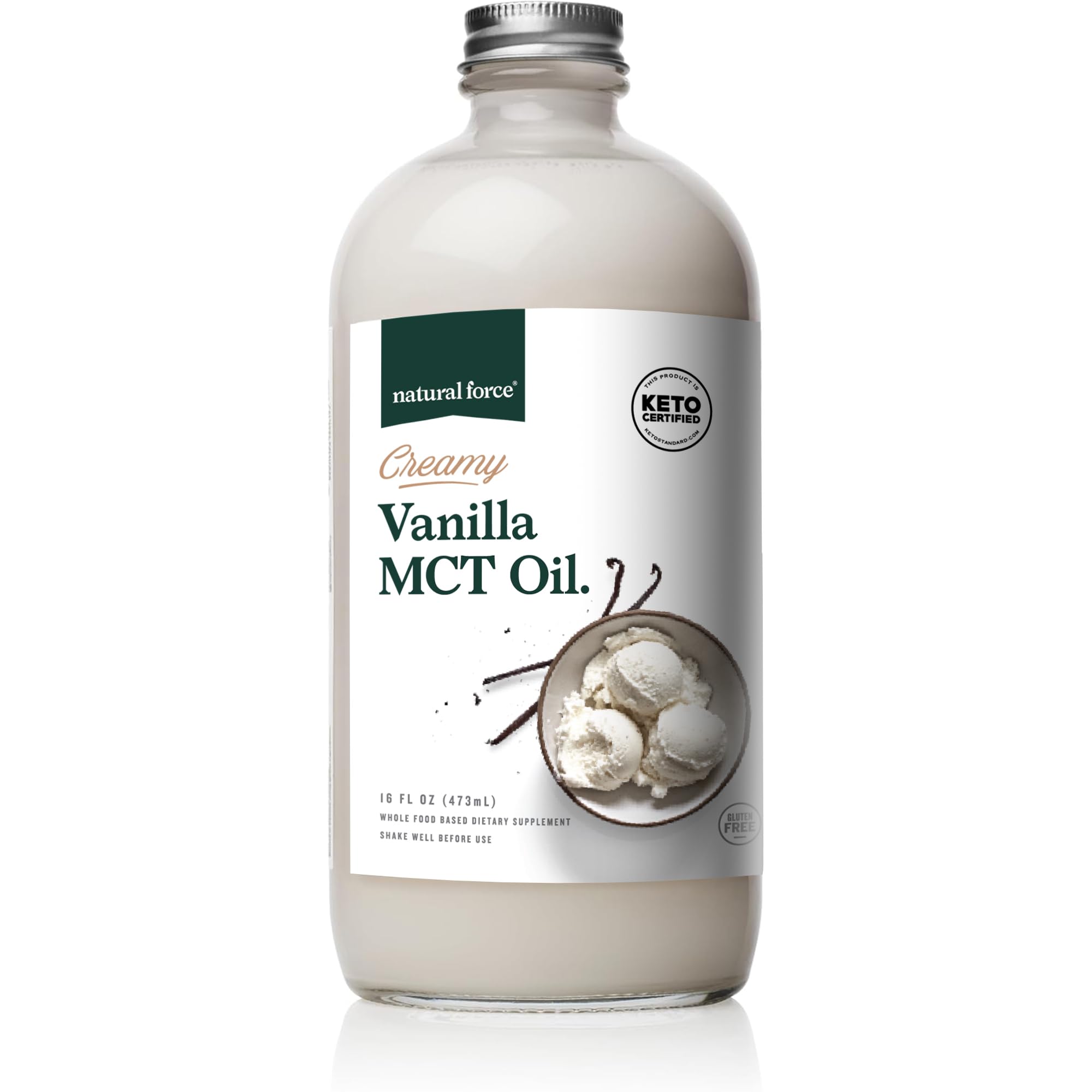 Creamy Vanilla MCT Oil – Non Dairy, Keto Certified, Emulsified MCTs for Low-Carb, Ketogenic Coffee, Smoothies, & Shakes - Mixes Instantly + No Blending Required – 16 Oz Glass Bottle