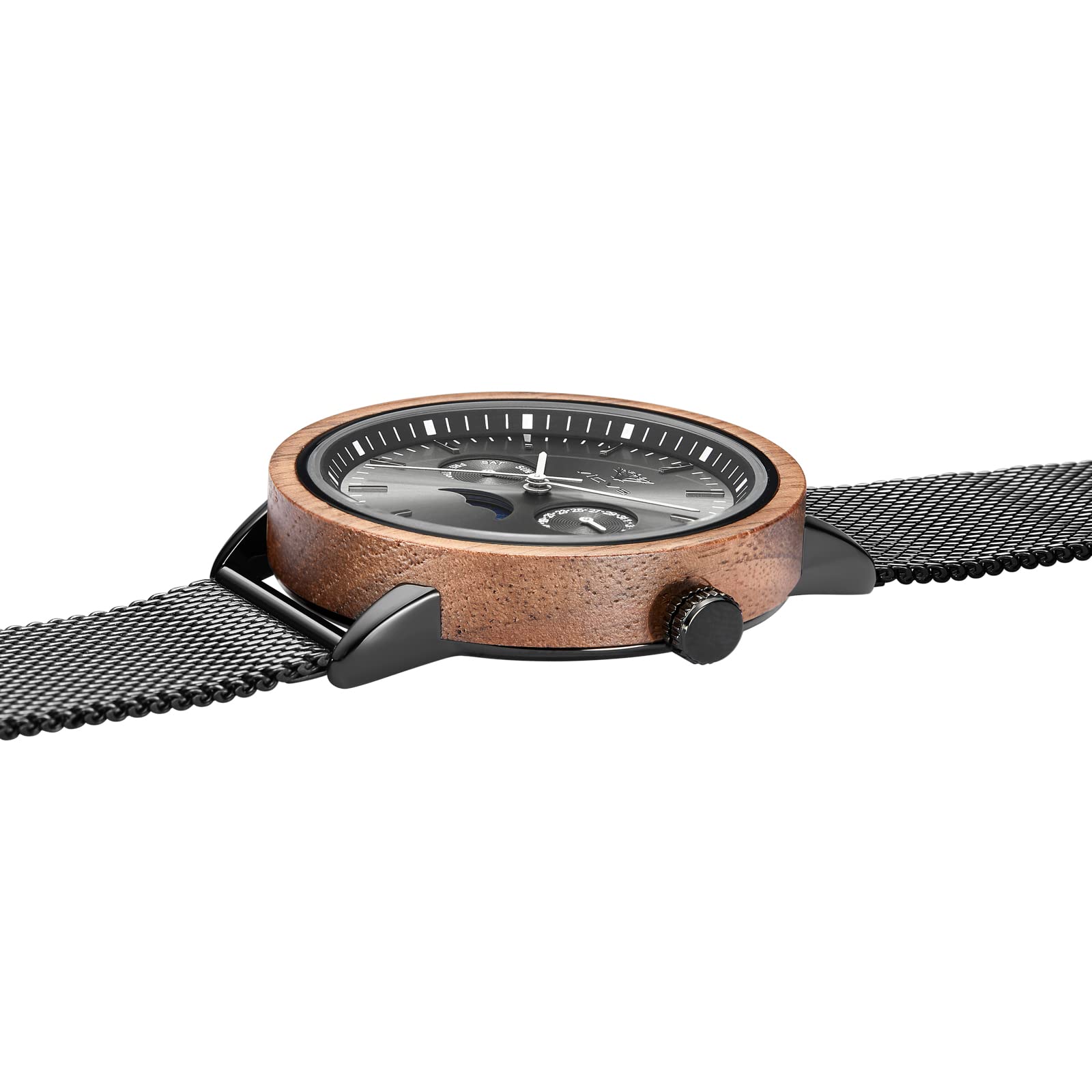 Reloj de Madera para Hombre Reloj es de Madera y Acero Inoxidable con un Reloj de Madera con Fecha y Fase de Luna a la Vez Casual y Deportivo