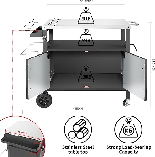 Miniatura 5 de Mesa de carrito de comedor con gran armario de almacenamiento, mesa de barbacoa movible al aire libre, soporte para horno de pizza, carrito de