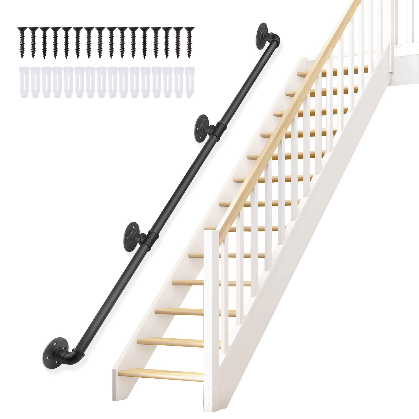 Seeutek Staircase Handrails 10FT Handrails for Indoor Stairs Stair Railing Hand Railings for Stairs Metal Railing Black Wrought Iron Pipe Handrail with Wall Mount Support