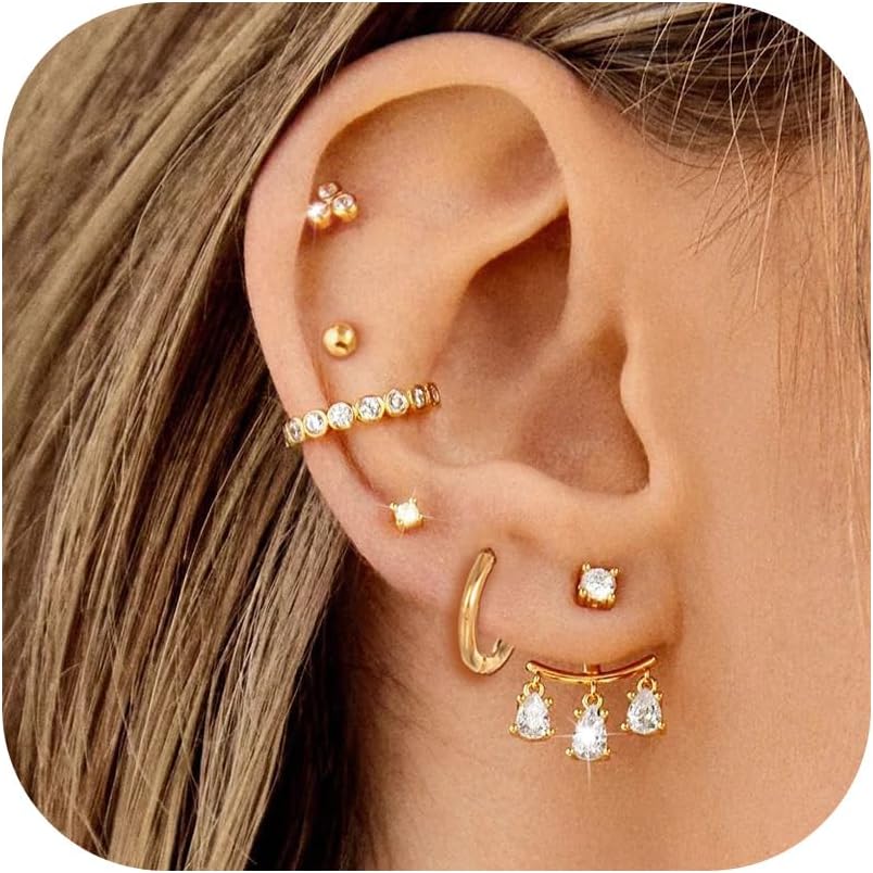 6 Pairs 14K Gold Hypoallergenic Flat Back Earrings Stack for Sensitive Ears Surgical Steel Cartilage Earrings Helix Tragus Piercing Earring Set for Multiple Piercing Women Silver Gold