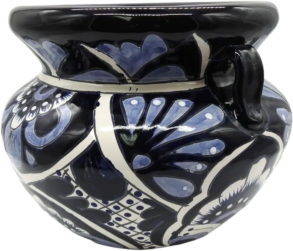 Michoacana Planter Small Hand Painted Pot Indoor Outdoor Multi Colored Glazed Blue and White
