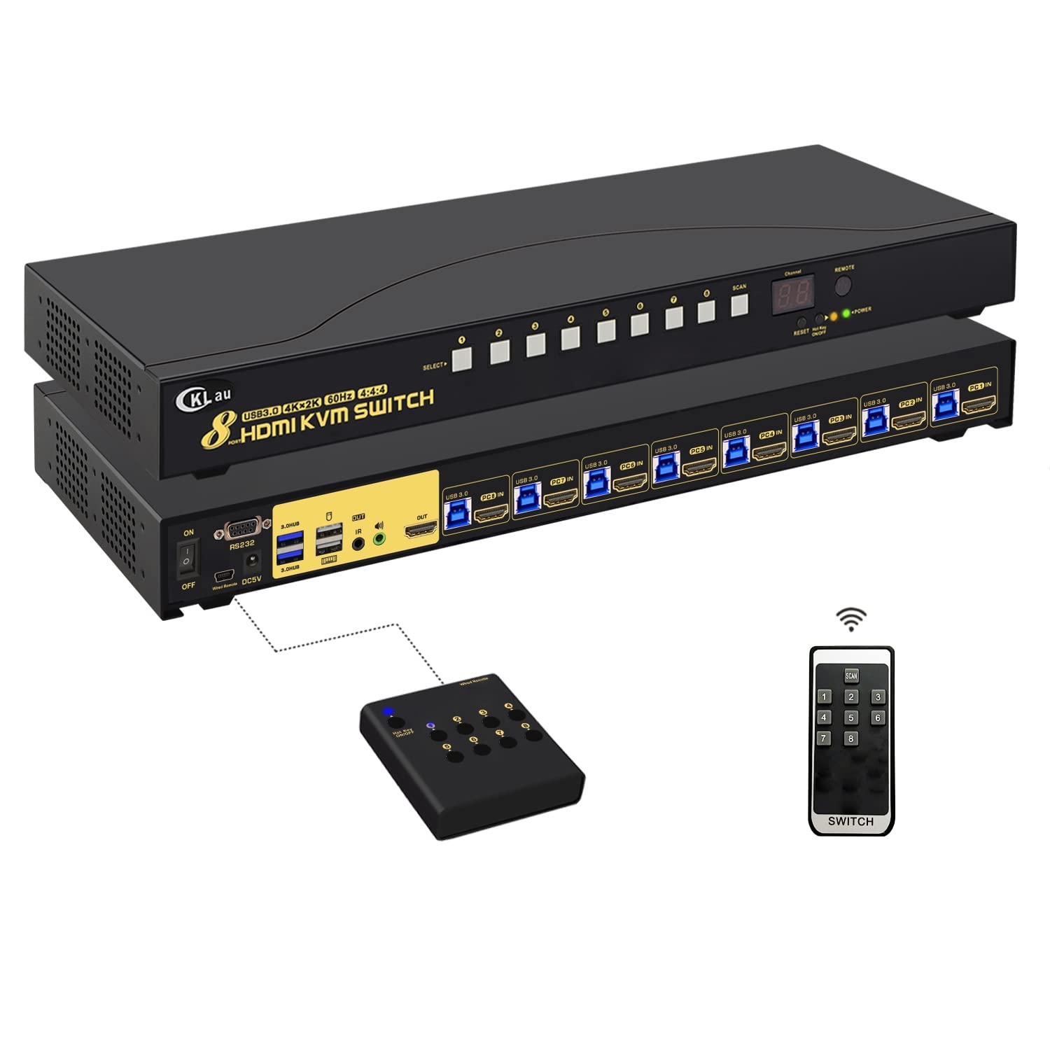 Commutateur KVM HDMI 8 ports USB 3.0 4K60 Hz avec audio, 2 concentrateurs USB 3.0 et câbles prenant en charge la commutation du clavier et de la souris