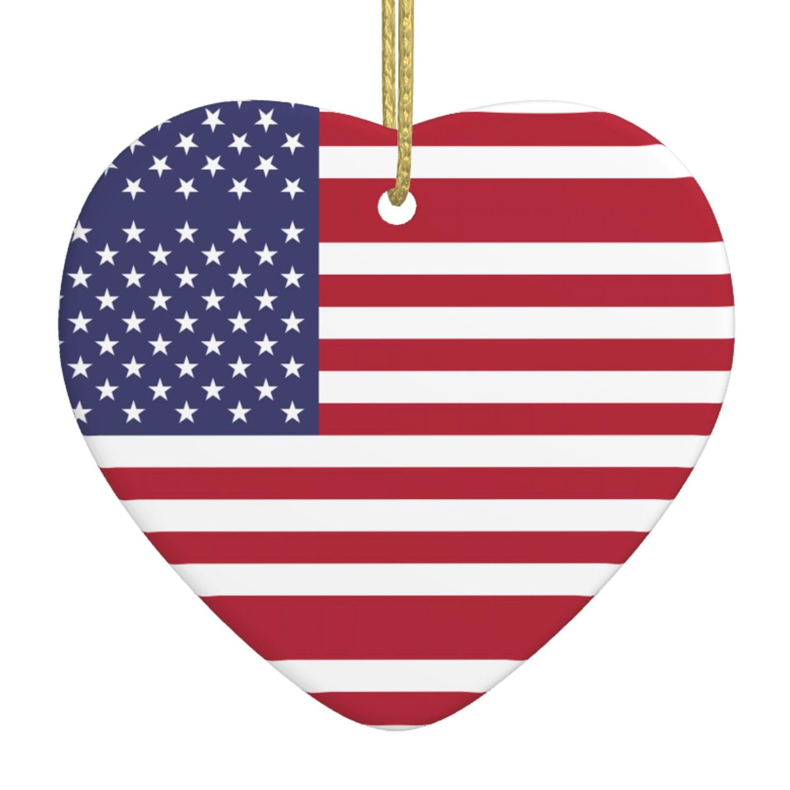 American Flag Ceramic Christmas Heart Pendant with Silk Thread, Christmas Tree Home Decoration