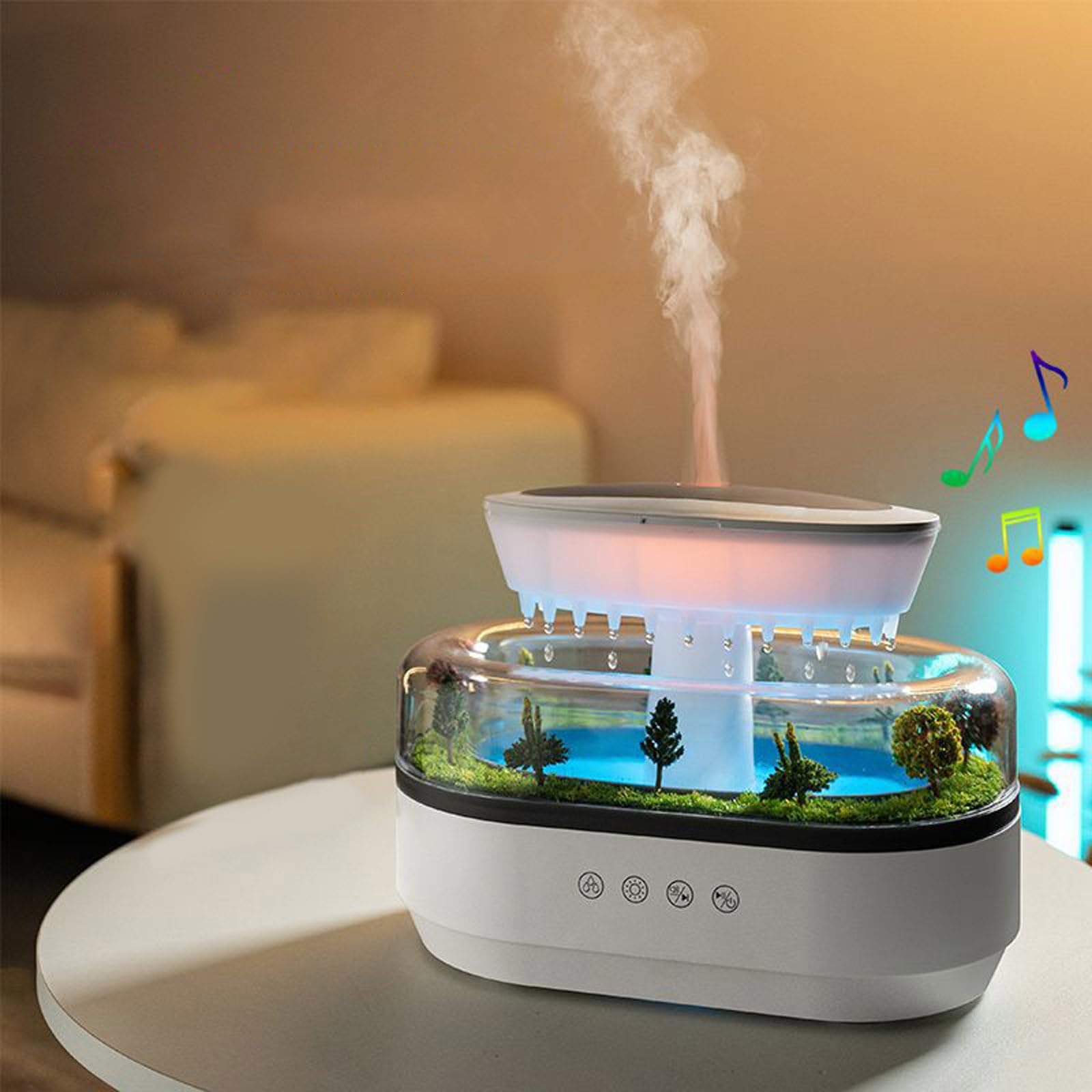 Micro Landscape Rain Humidifier - With Artificial Plants, 7-Color LED Lights, 250ml Tank, White - View #3