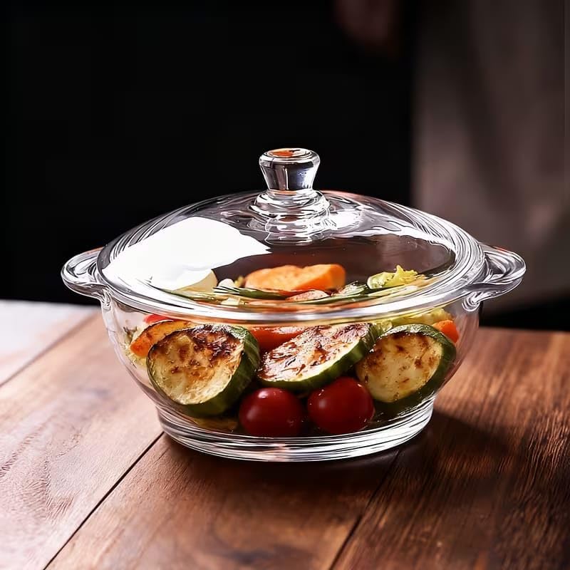 Image of Glass Casserole Dish with Lid, 1000ml, Clear, Heat-Resistant, Microwave and Dishwasher Safe, for Soups and Stews - 1 pcs