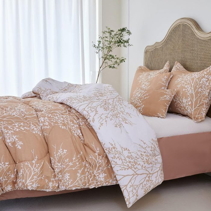 Spirit Linen 5 pcs Twin Comforter Set - Cozy Deep Sleep Microfiber Bedding Comforter Sets with Foliage Designed - Twin Bedding Sets with Pillow Shams (Taupe, Twin)