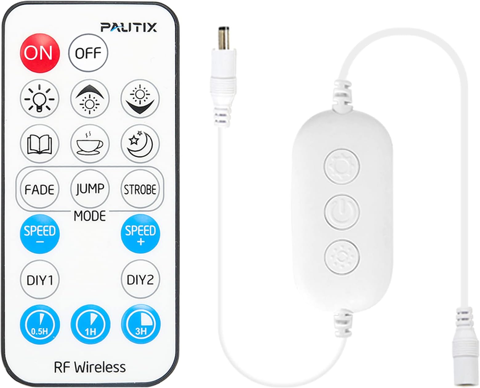 PAUTIX RF Remote Dimmer for Single Color LED Strip Lights,18-Key Wireless Remote and in-line Controller DC 12V-24V for 3528/2835/5050/COB LED Tape Lights,Timer Function