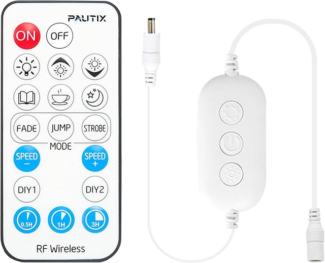 PAUTIX RF Remote Dimmer for Single Color LED Strip Lights, 18-Key Wireless Remote and in-line Controller DC 5-24V for 3528/2835/5050/COB LED Tape Lights,Timer Function