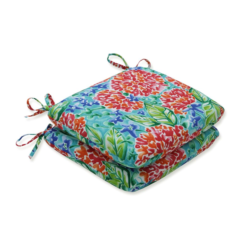 Pillow Perfect Bright Floral Indoor/Outdoor Chair Pad With Ties, 2 Count, 15.5" x 18.5", Pink/Blue Garden Blooms