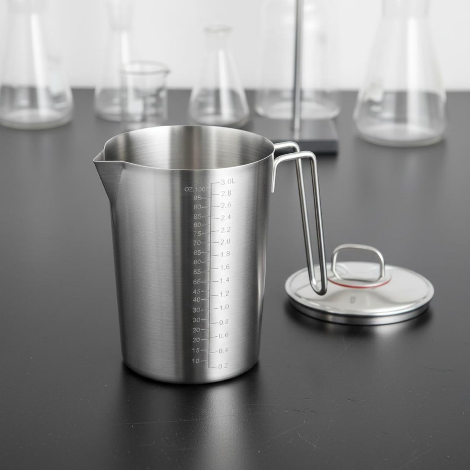 Amagogo Messbecher Edelstahl Messzylinder Metall, 3 Liter Messbecher Aus Extra Dickem 304 Edelstahl Mit Glasdeckel, Innen- Und Außenmarkierungen