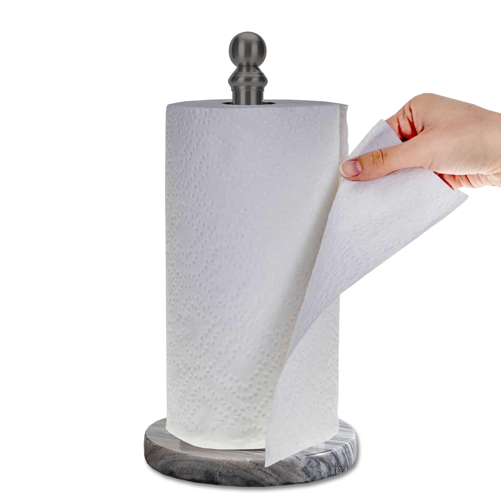 Black Paper Towel Holder Countertop with Heavy Marble Base, Standing Paper Towel Roll Holder for Kitchen Bathroom, with Weighted Base for One-Handed Operation