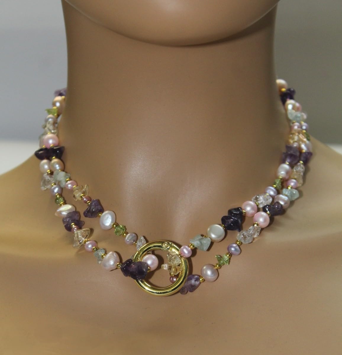 Ch.Abramowicz Perlenkette Edelsteinkette Peridot Amethyst Citrin Aquamarin Bergkristall 88cm 90