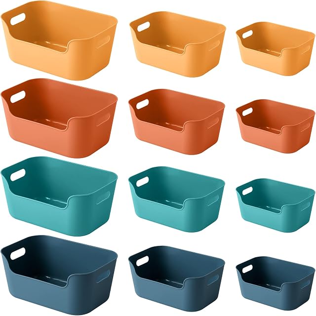 OWill 12 pack Plastic Storage Basket,Multiple Colour Boxes organiser storage for Kitchen, Cupboard, Office, School and Home