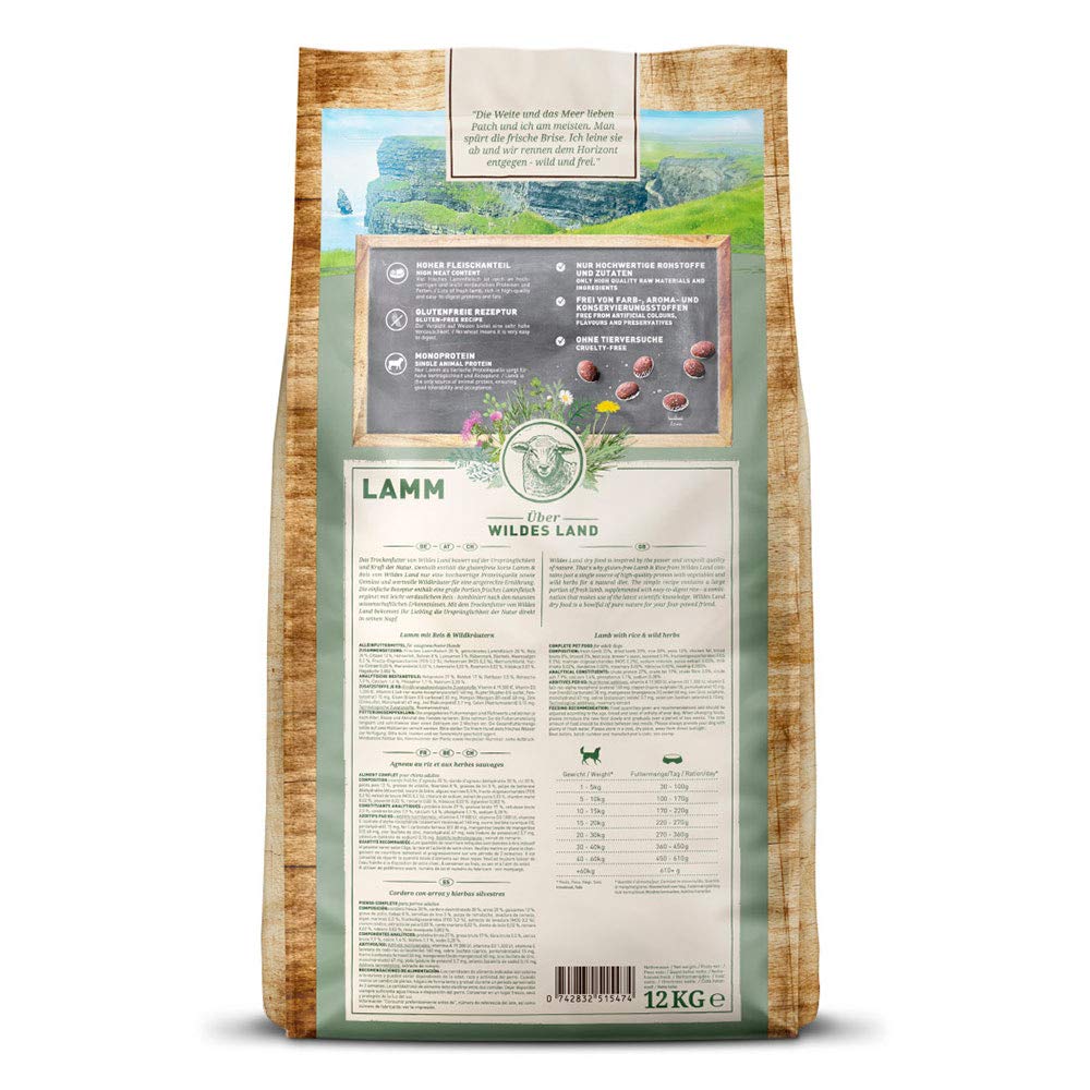 WILDES LAND – Lamm | Trockenfutter mit extra hohem Fleischanteil und natürlichen Zutaten für ausgewachsene Hunde. Alleinfutter ohne Zusatzstoffe im Beutel | 24kg Lamm
