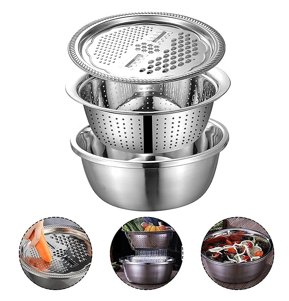 3 in 1 Kitchen Multipurpose Grater - Salad Maker Bowl Kitchen Graters Cheese Grater with Stainless Steel Drain Basin Basket Vegetable Cutter for Vegetables Fruits Cheese Chocolate10Inch 3PCS