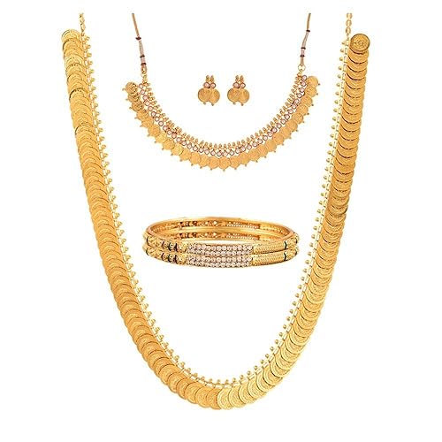 Zeneme Gold Plated Brass Bangles, Long Traditional Maharani Temple Coin and White Temple Coin Necklace Set for Women