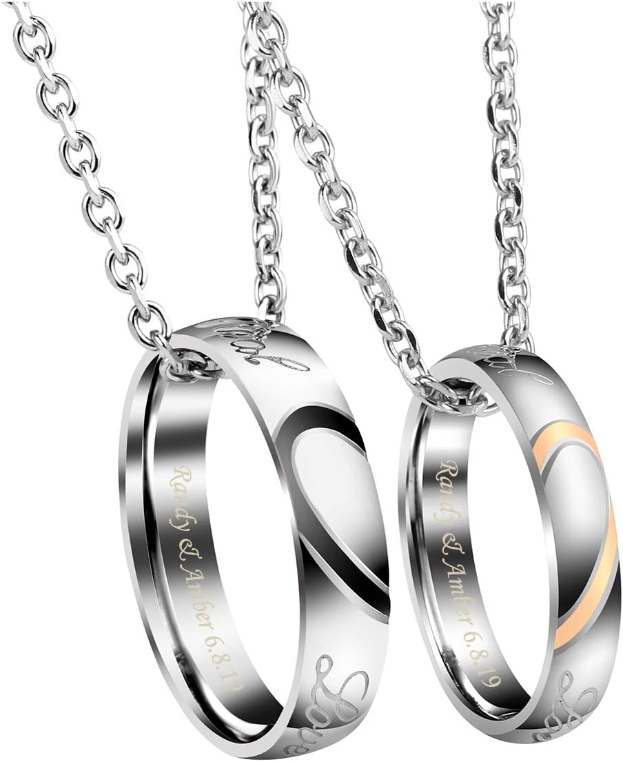 Jovivi Personalized Custom 2 Pcs Couples Necklace Engraved Name Stainless Steel Love Heart His & Hers Matching Rings Pendant Necklaces Set for Men Women Wedding Valentines Day Gifts