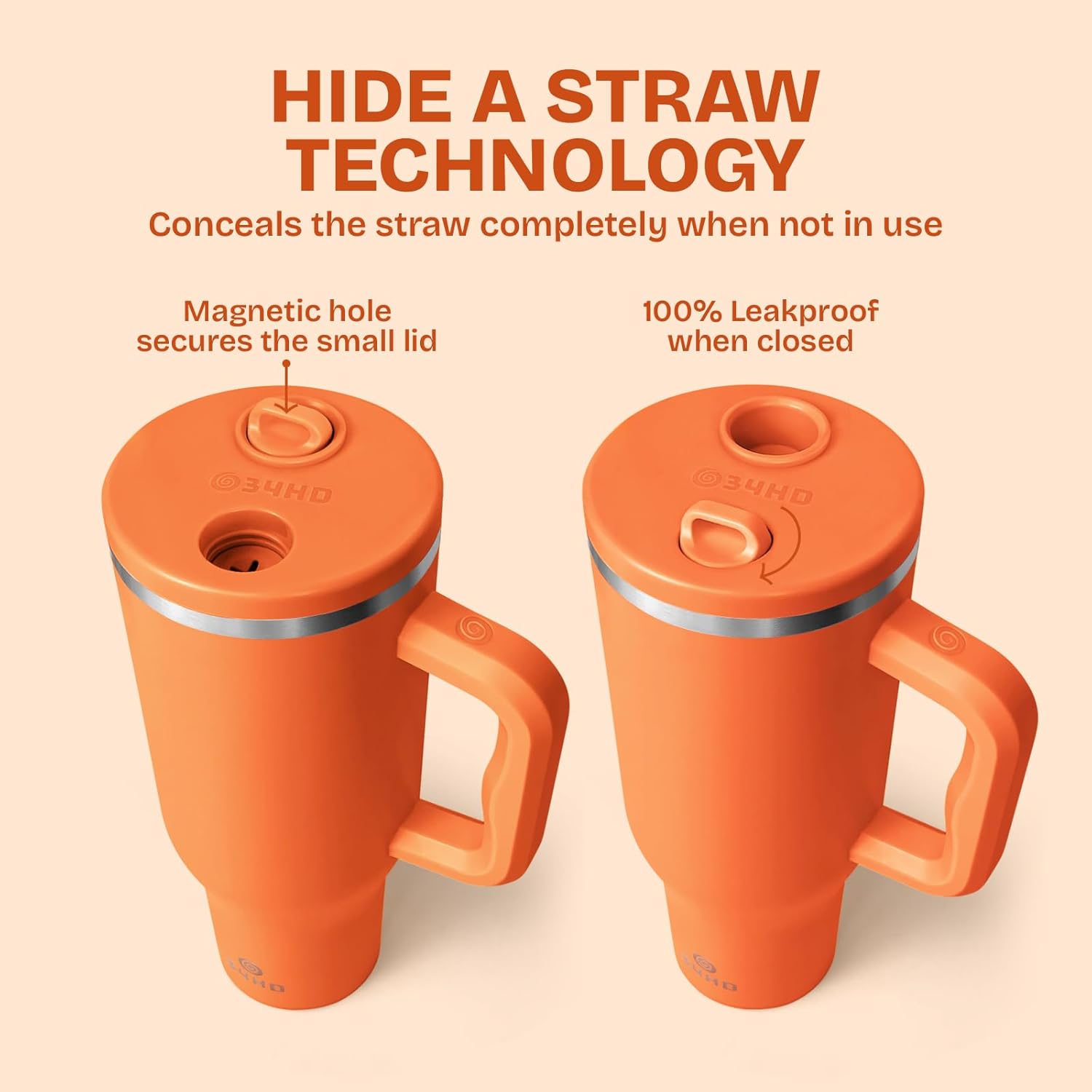 34HD 40 oz Stainless Steel Tumbler - Leakproof Insulated Water Bottle with Handle, Magnetic Lid and Flexible Straw - Iced for 48 Hours – Perfect for Men, Women, Birthday Gift, Orange - Tangerine Glow - Image 4