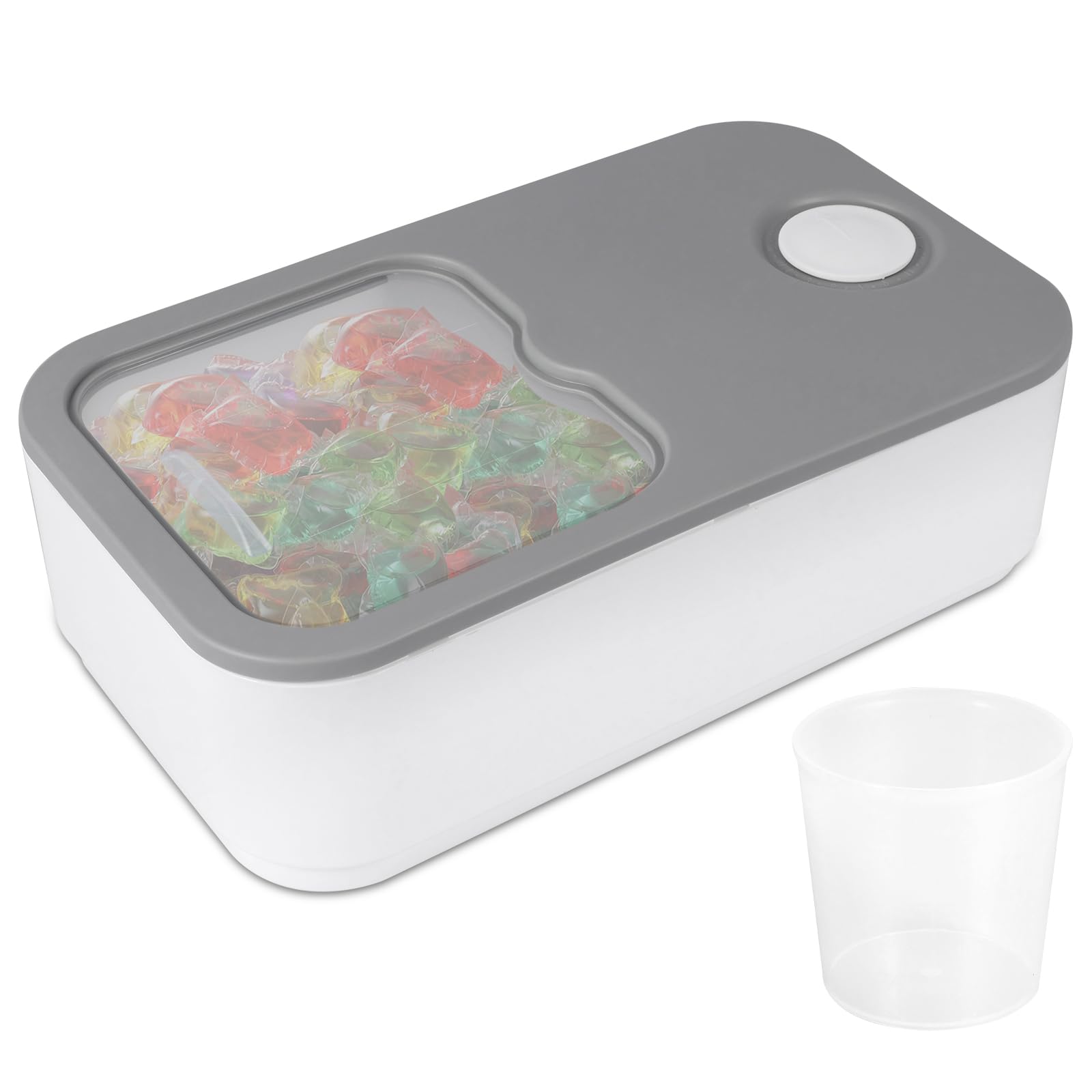 YUNYOUC Laundry Pod Container with Sliding Lid, Fits 150 Washing Pods Storage Containers, Large Laundry Detergent Container with 250ml Measuring Cup Time Scale